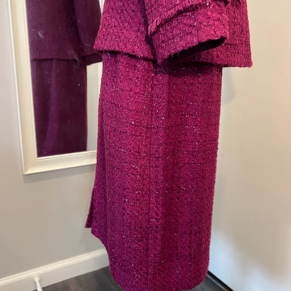 Tahari ASL Magenta Metallic Tweed Skirt Suit with Fringe Detail, Size 10 - Picture 11 of 16